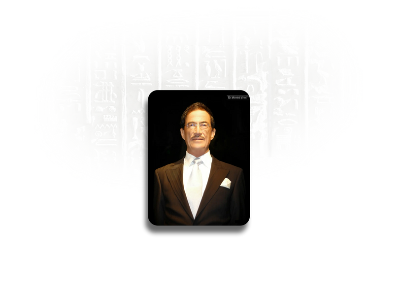 A man in a suit and tie with a background of ancient hieroglyphics.