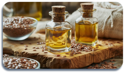Two glass bottles of golden flaxseed oil on a rustic wooden board with scattered flaxseeds.