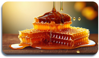 Golden honey dripping over stacked honeycomb on a wooden surface.
