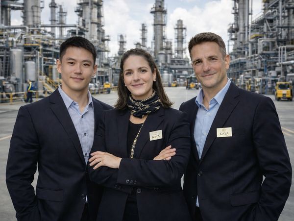 Three professionals in suits standing confidently at an industrial plant.