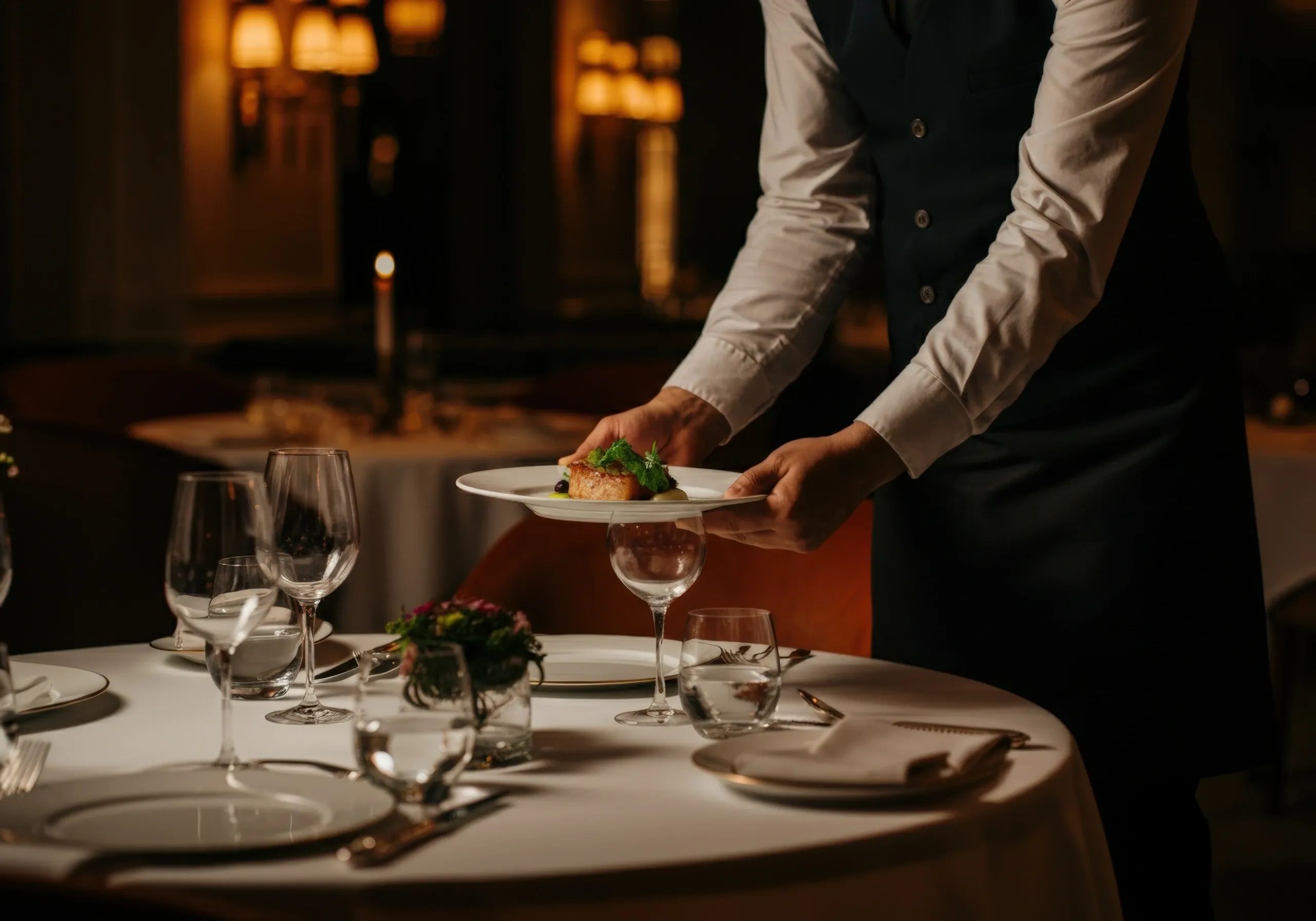 Waiter serving gourmet dish in elegant restaurant setting.