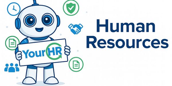 Cute robot holding a sign promoting Human Resources with related icons.