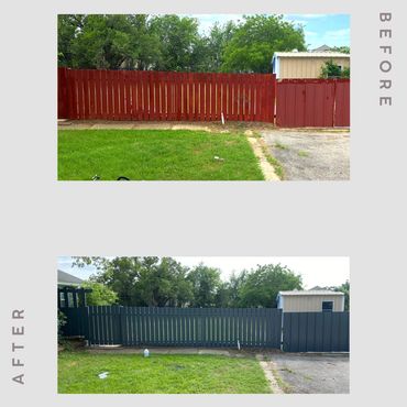 a complete transform of a metal fence. Hand sanded, Anti-rust primed. Lastly we applied oil-base