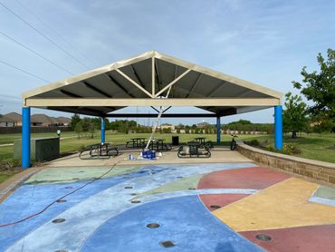 The blue posts and beige outer sides were done by us as well