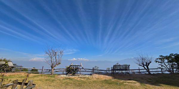 Clear sky with wispy clouds over a serene park with benches and bare trees.