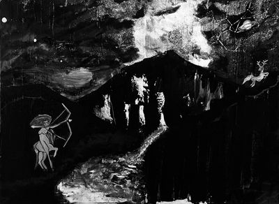 Black and white painting of a centaur archer in a dark forest.