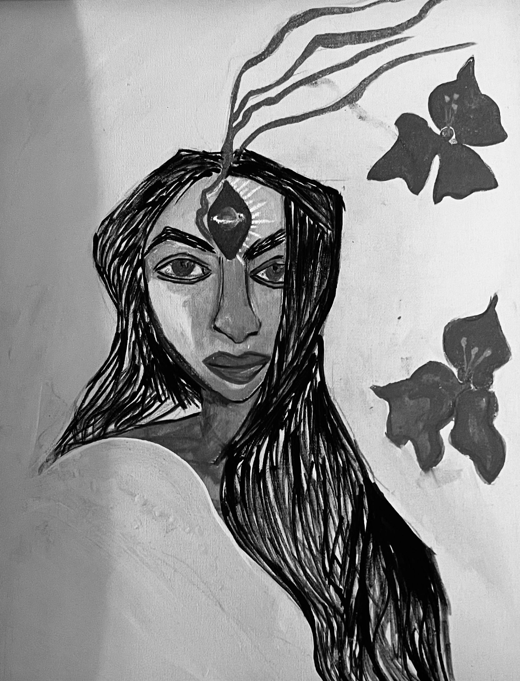 Black and white painting of a woman with a third eye and flowers.