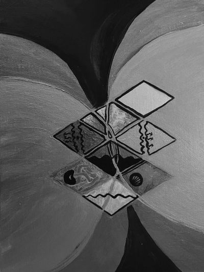 Abstract geometric painting with diamond shapes and curved backgrounds.