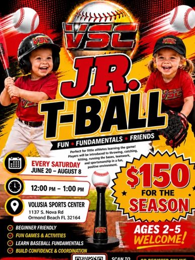 Two young kids in baseball gear promoting VSC Jr. T-Ball season for ages 2-5.