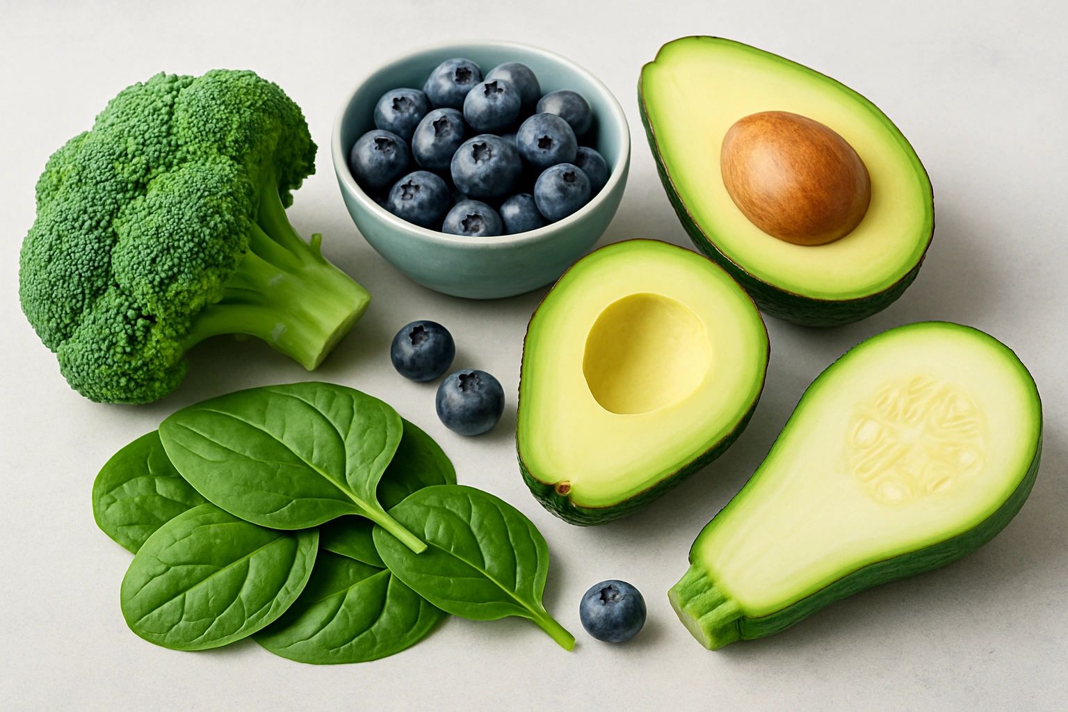 Fresh green vegetables and blueberries arranged on a white surface.