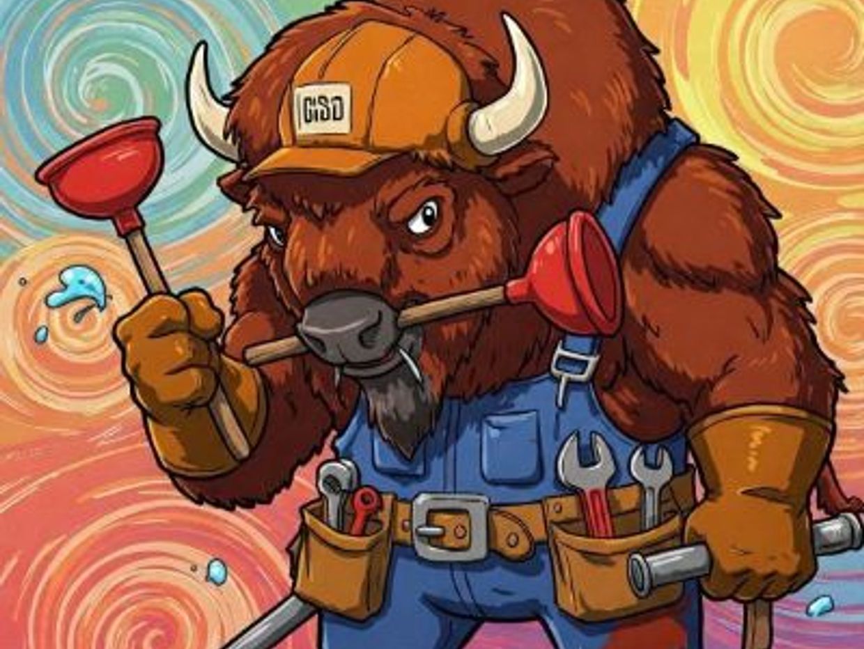 Bison Plumbing Solutions Mascot, indicating plumbing repair and installation, and building