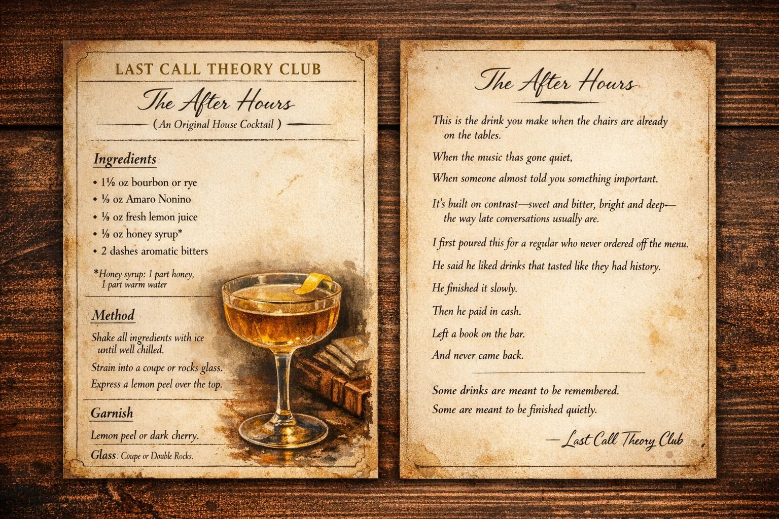 A vintage-style cocktail recipe and poetic description for "The After Hours" drink.
