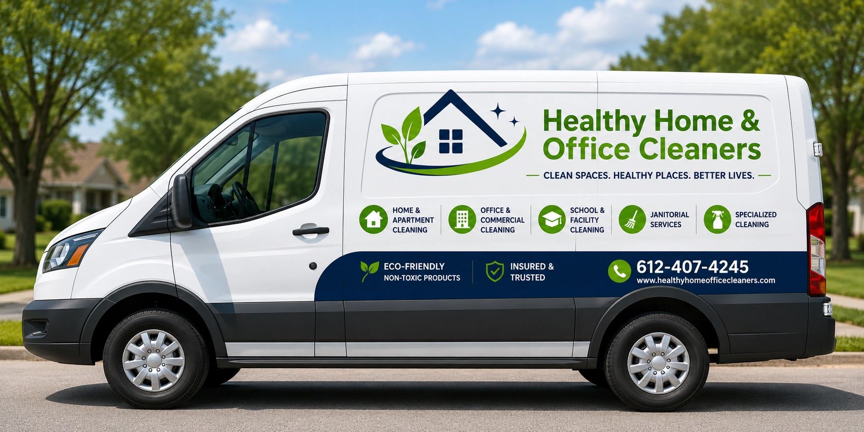 A branded white van for Healthy Home & Office Cleaners.