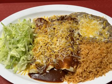 Enchiladas Rice BeansLettuce Cheese your Choice of Chicken or Beef or Cheese