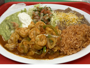 Camarones Rancheros Rice Beans Guacamole Sour Cream Lettuce & Pico de Gallo