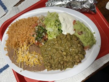 Chile Verde Rice Beans Guacamole Sour Cream Lettuce & Pico de Gallo
