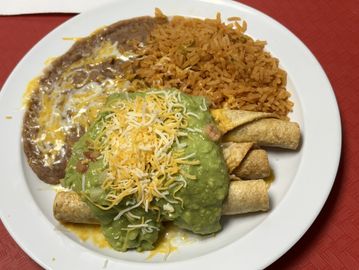 Roll Tacos Guacamole & Cheese Rice Beans your Choice of Beef or Chicken.