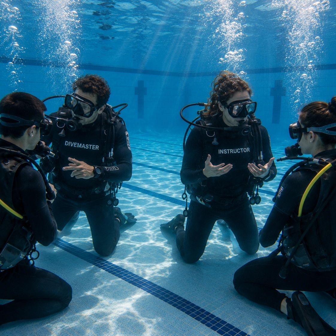 Two scuba instructors teaching two students underwater in a swimming pool.