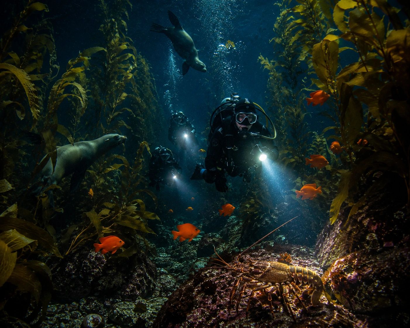 Scuba divers explore a vibrant kelp forest with sea lions, orange fish, and a lobster.