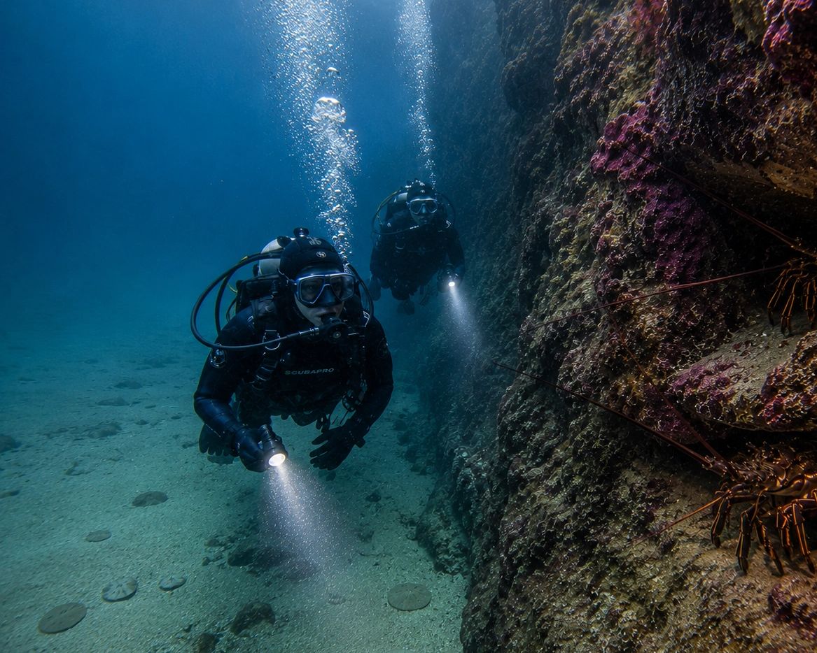 Two scuba divers exploring an underwater rocky wall with flashlights.