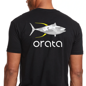 Man wearing Orata's limited edition black / white camo yellowfin tuna tee shirt