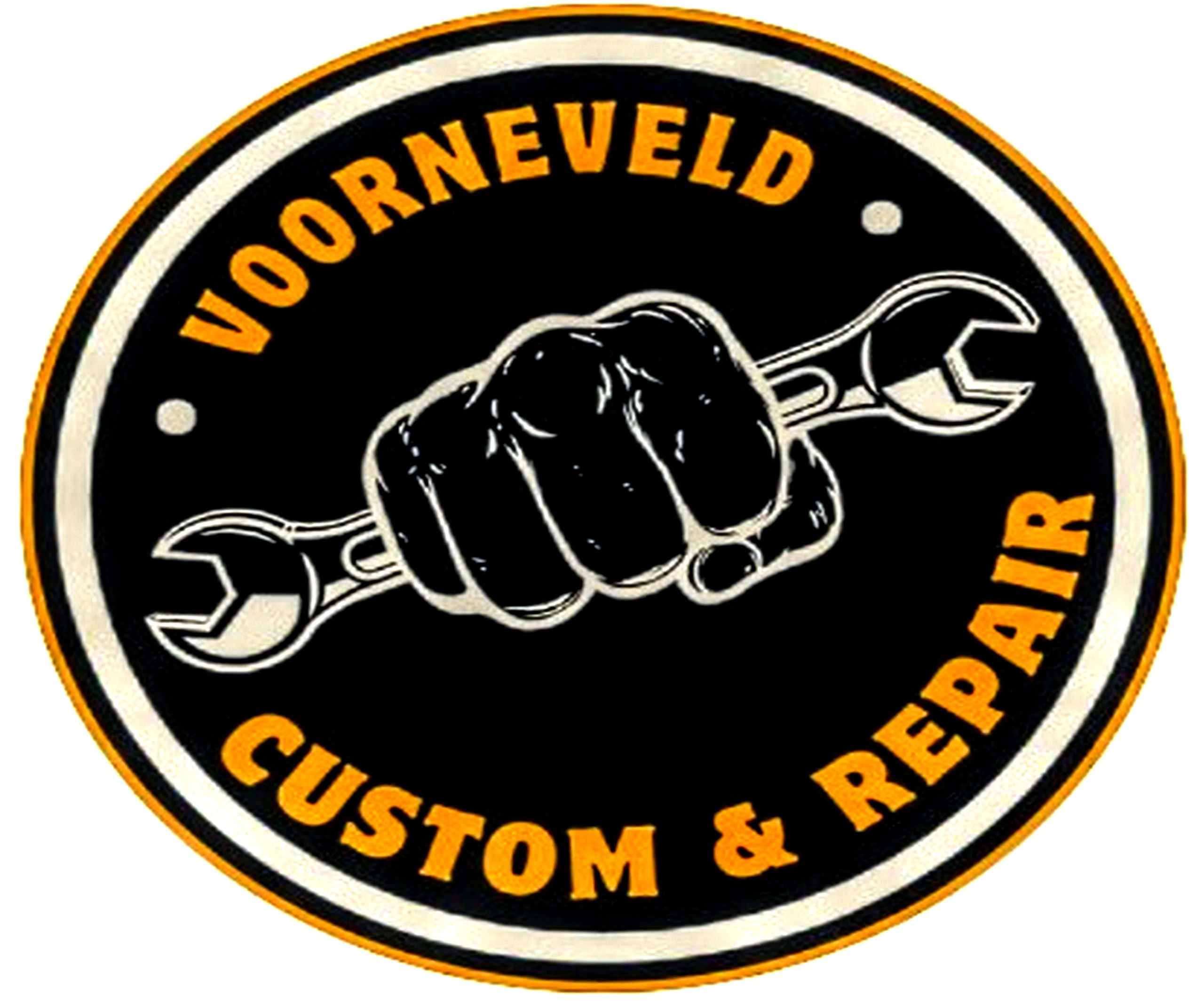 Logo with a fist holding a wrench and text 'Voorneveld Custom & Repair'.