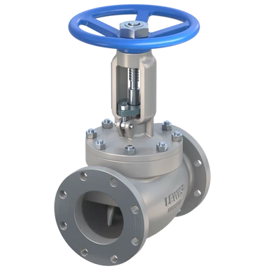 Industrial gate valve with blue handwheel and flanged ends.