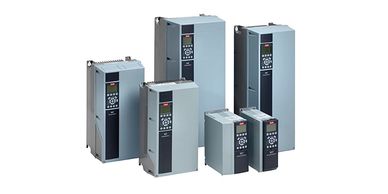 A group of industrial variable frequency drives in different sizes.