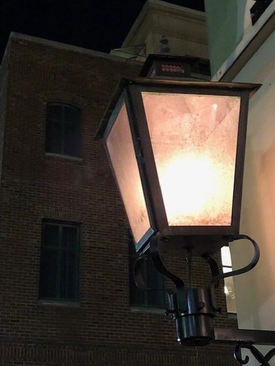A Charleston gaslight lit up for the night.