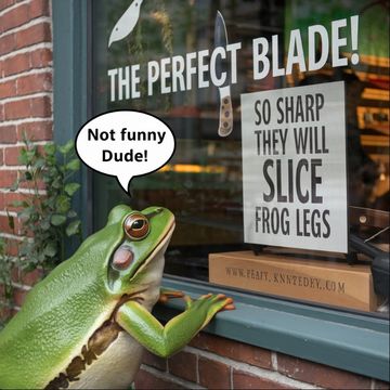 A frog reacts humorously to a knife ad about slicing frog legs.