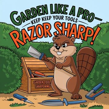 A beaver sharpens garden tools with a smile in front of a toolbox.