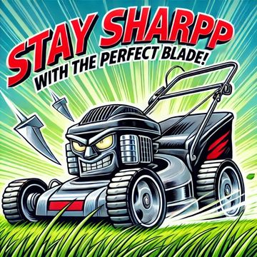 Cartoon lawn mower with sharp blades and bold text "Stay Sharpp with the Perfect Blade!"