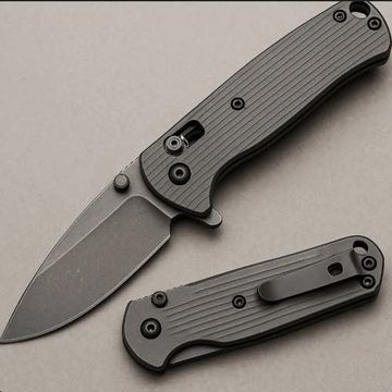 Two sleek gray folding knives, one open and one closed, with textured handles.