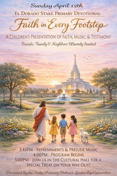 Invitation to a children's devotional event titled 'Faith in Every Footstep' with music and testimony.