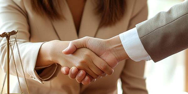 Two professionals shaking hands with a justice scale on the table.