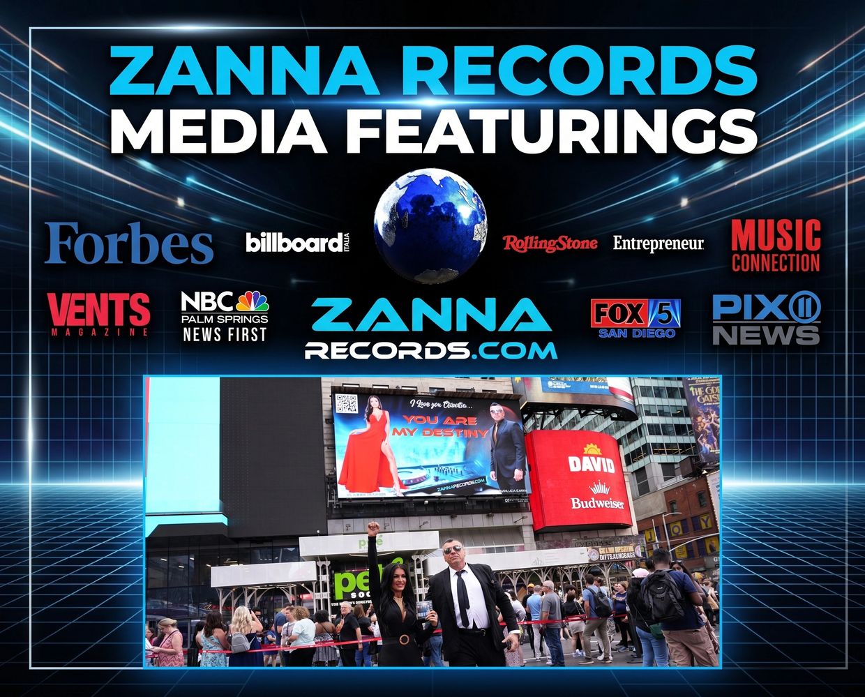 Zanna Records media features with logos of Forbes, Billboard Italia, and others.