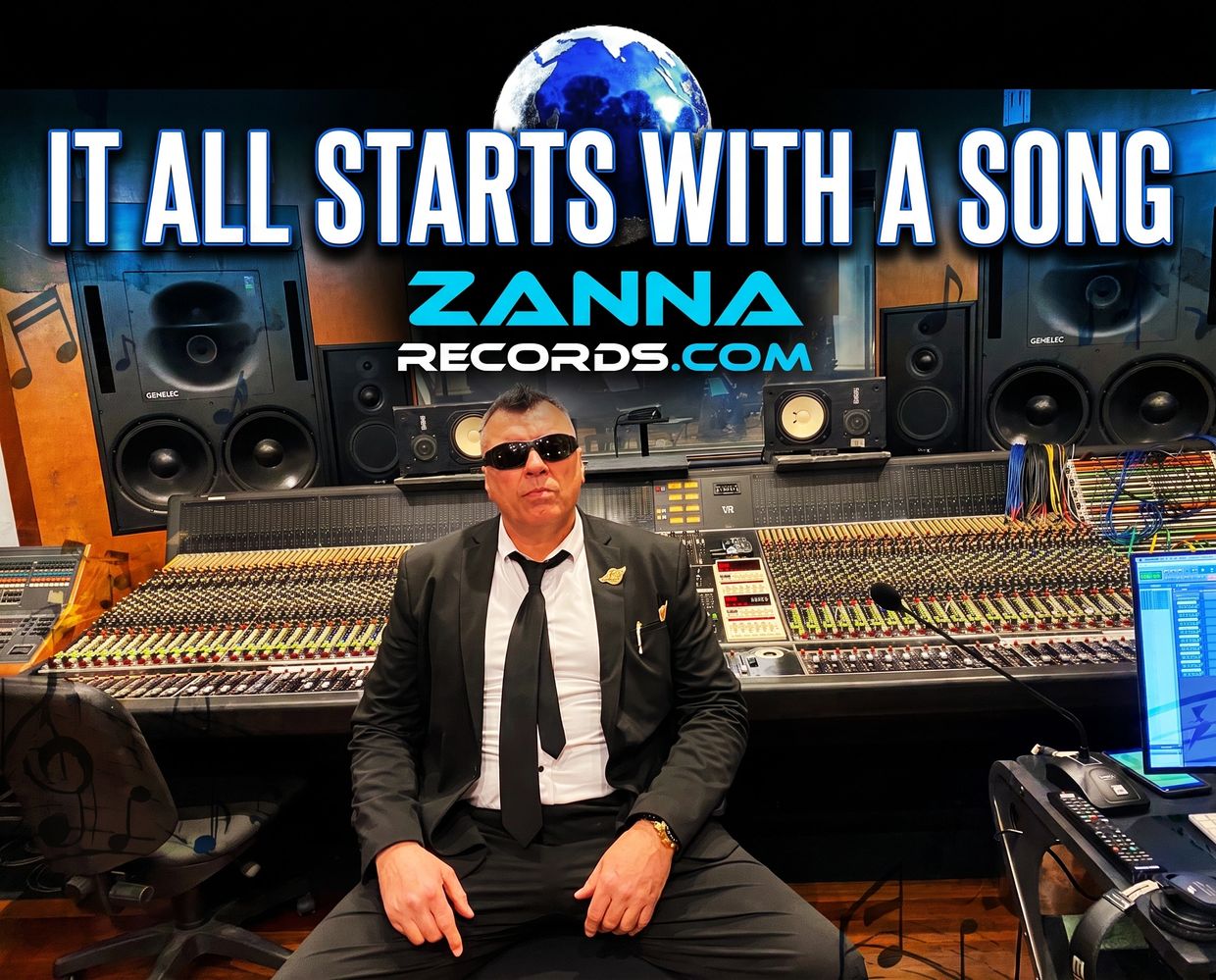 Man in sunglasses sitting in a music studio.