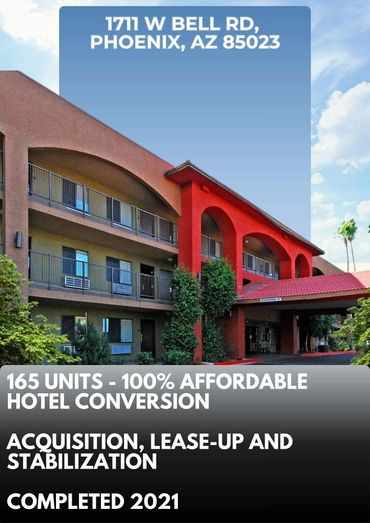 Affordable hotel conversion with 165 units in Phoenix, completed in 2021.