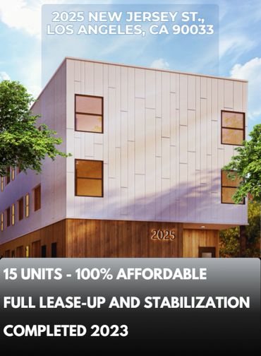 Modern affordable housing building with 15 units in Los Angeles, completed in 2023.