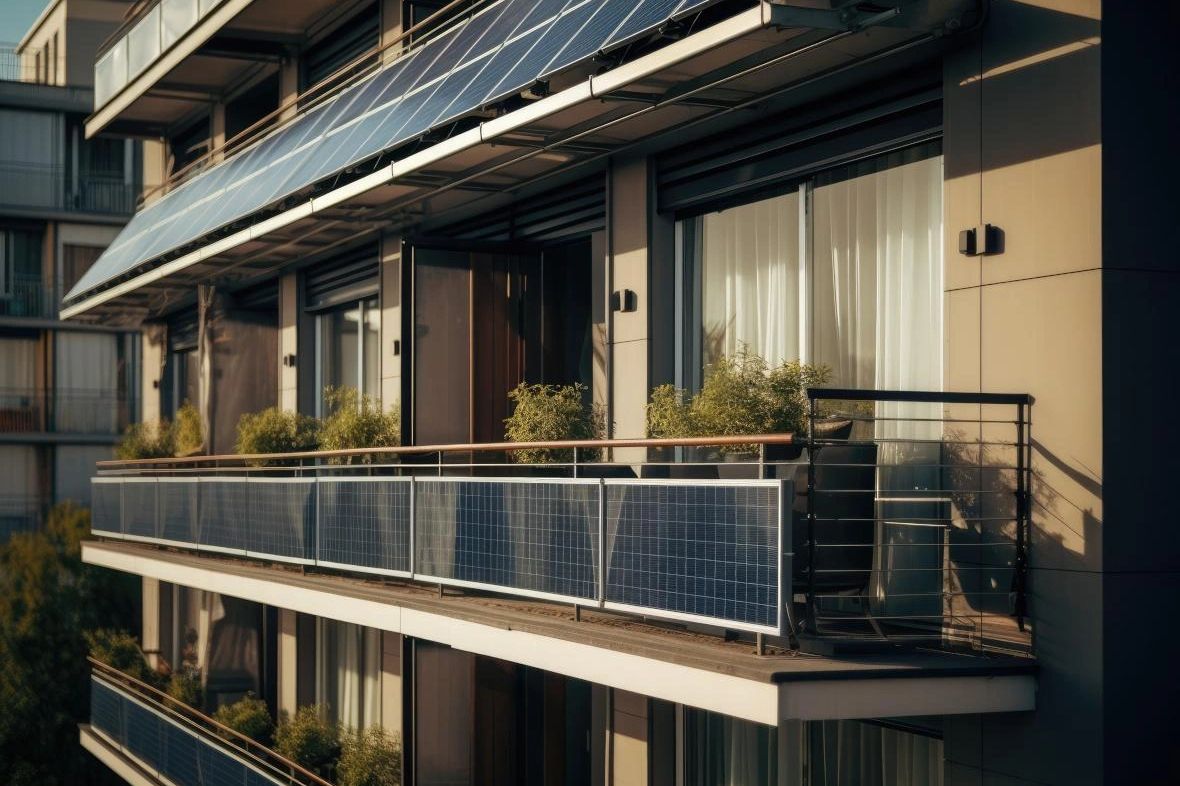 Apartment balcony with solar panels and plants in warm sunlight.