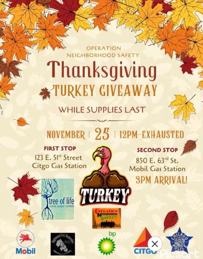 Thanksgiving turkey giveaway event with two stops at gas stations on November 25th.