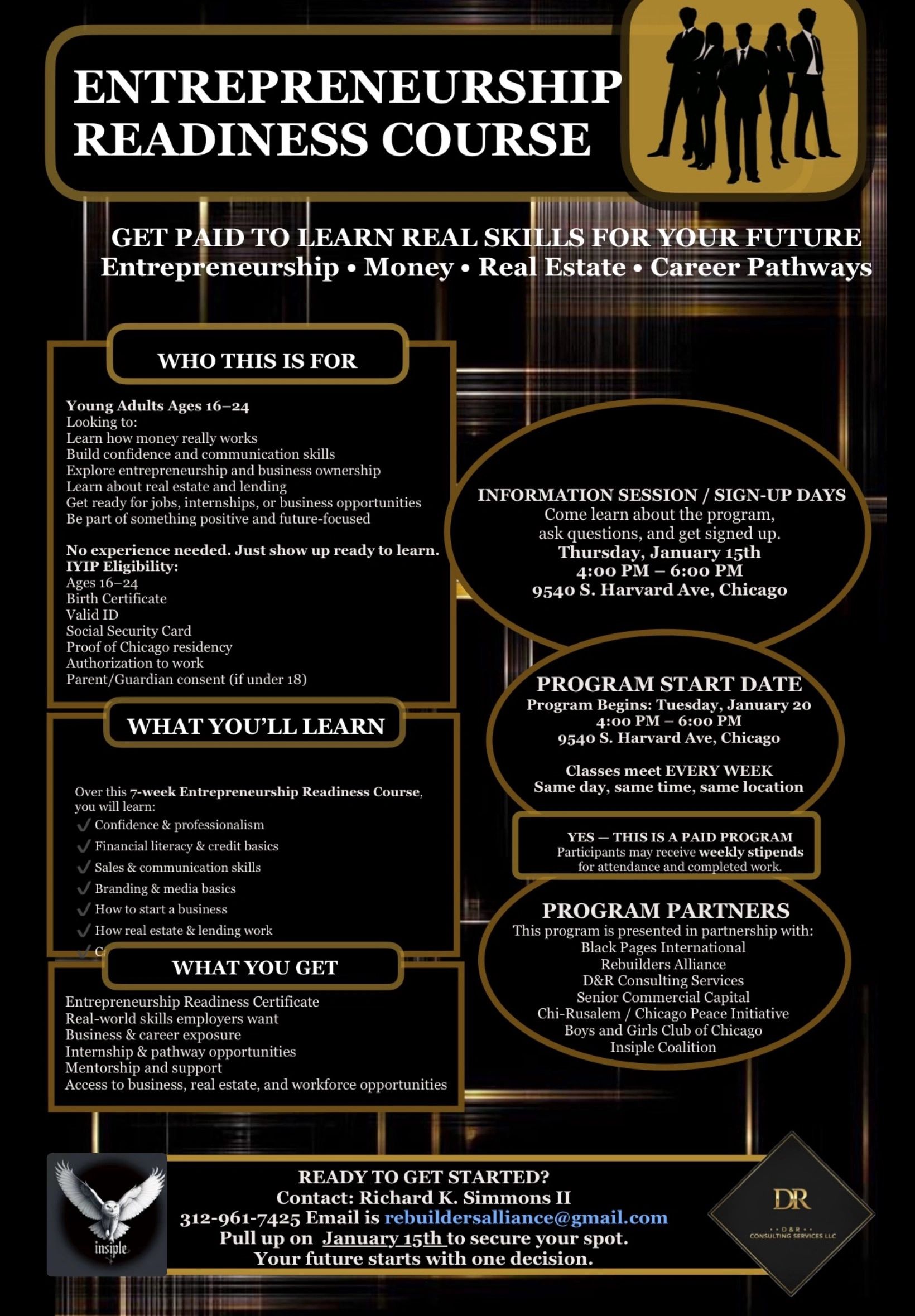 Flyer for an Entrepreneurship Readiness Course offering paid skill-building for young adults.