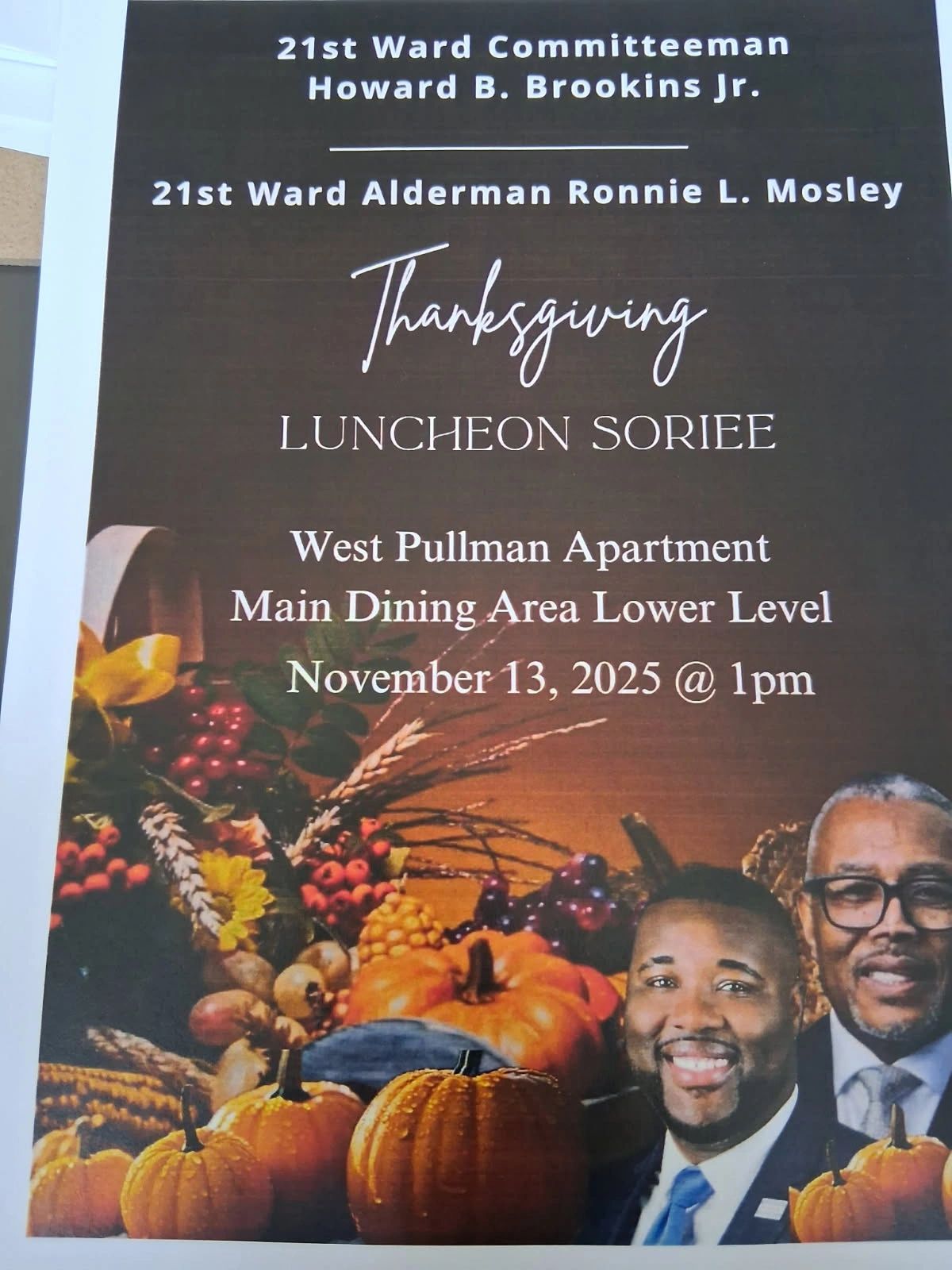 Thanksgiving Luncheon Soiree flyer with pumpkins and portraits of two men.