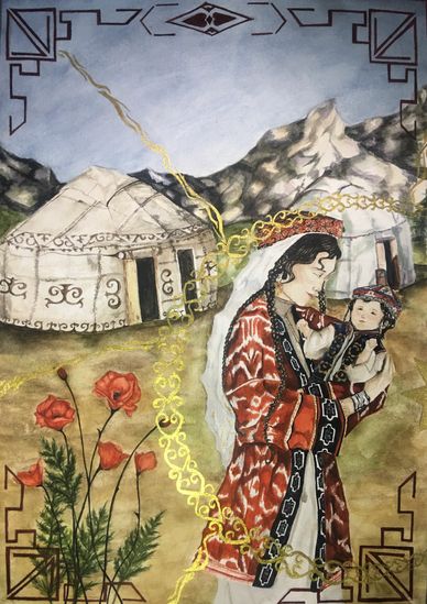 A mother in traditional etles holds a child in front of a backdrop with Kazakh yurts and mountains