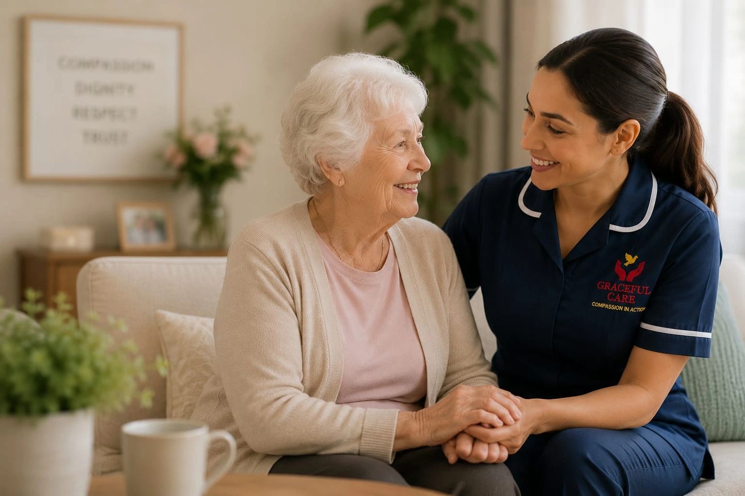 Caregiver warmly holding hands with elderly woman, sharing a smile.