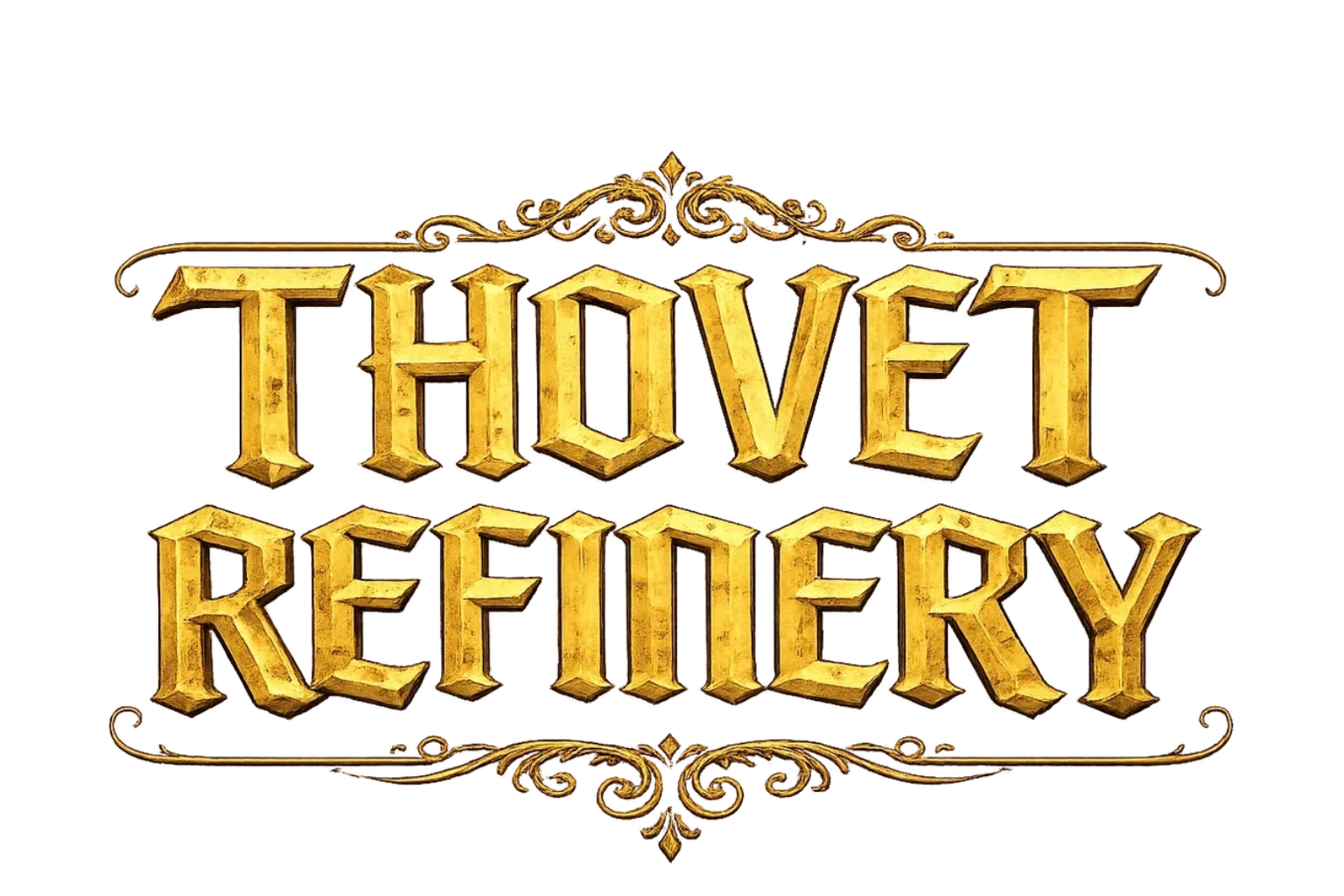 Thovet Refinery logo in ornate golden lettering with decorative flourishes.