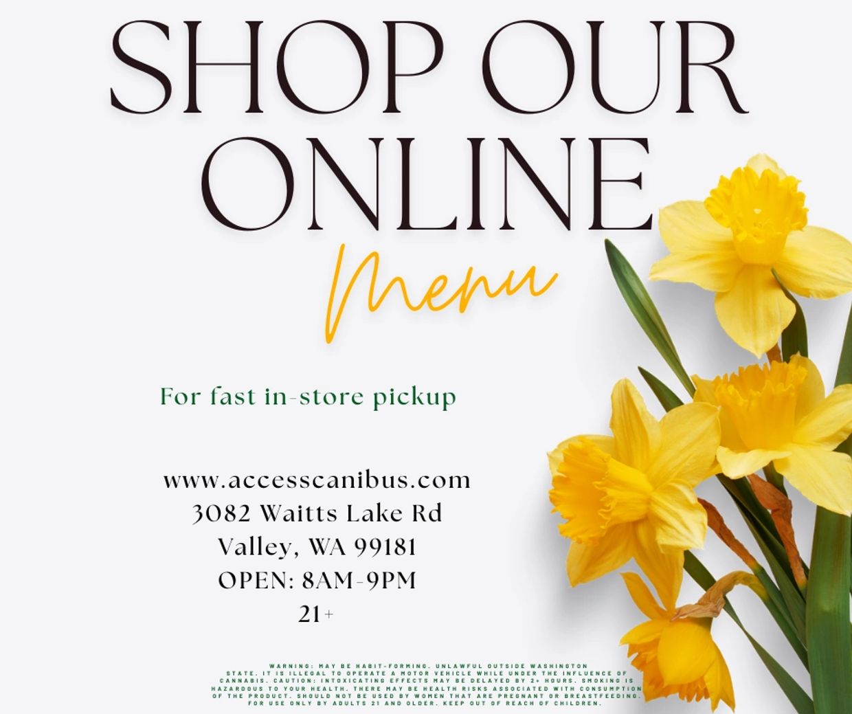 Advertisement for online shopping with fast in-store pickup and cannabis store details.