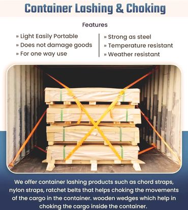 Cargo secured with orange container lashing straps inside a shipping container.