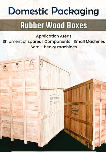 Rubber wood boxes for domestic packaging of machinery and components.