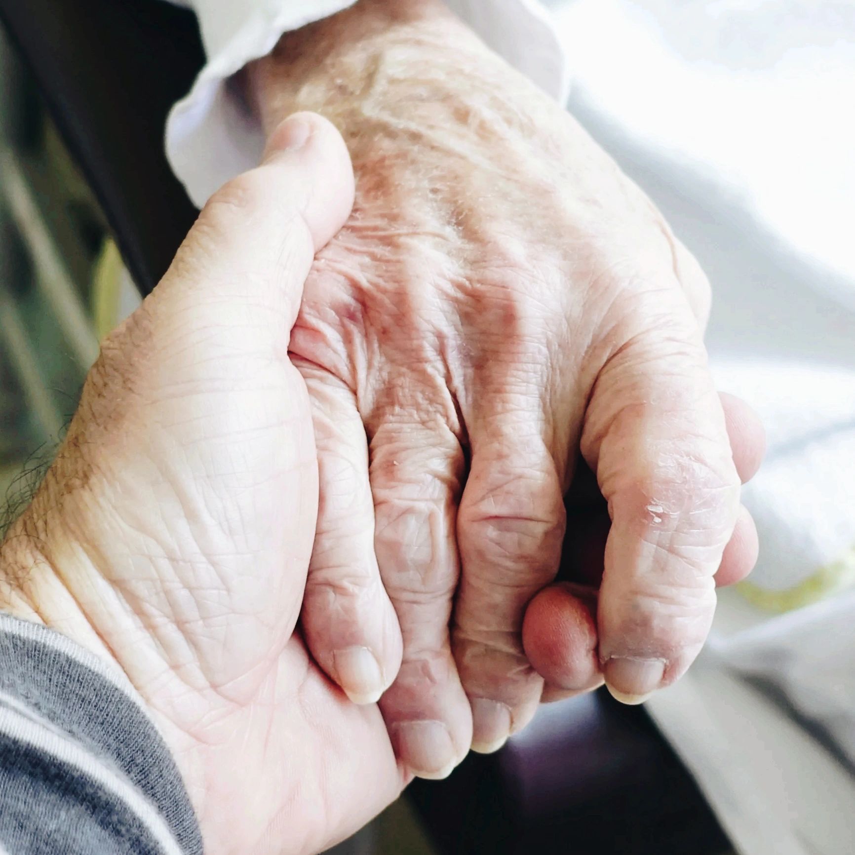 A younger hand gently holding an older hand, symbolizing care and support.